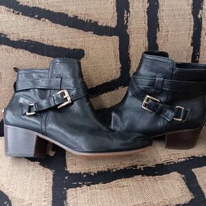 Coach Black Leather Ankle Boots with Gold Buckles